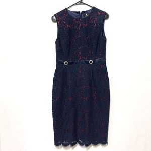 Algo Dress Dress Navy Blue Red Lace Overlay Sleeveless Wool Silk Blend Size P